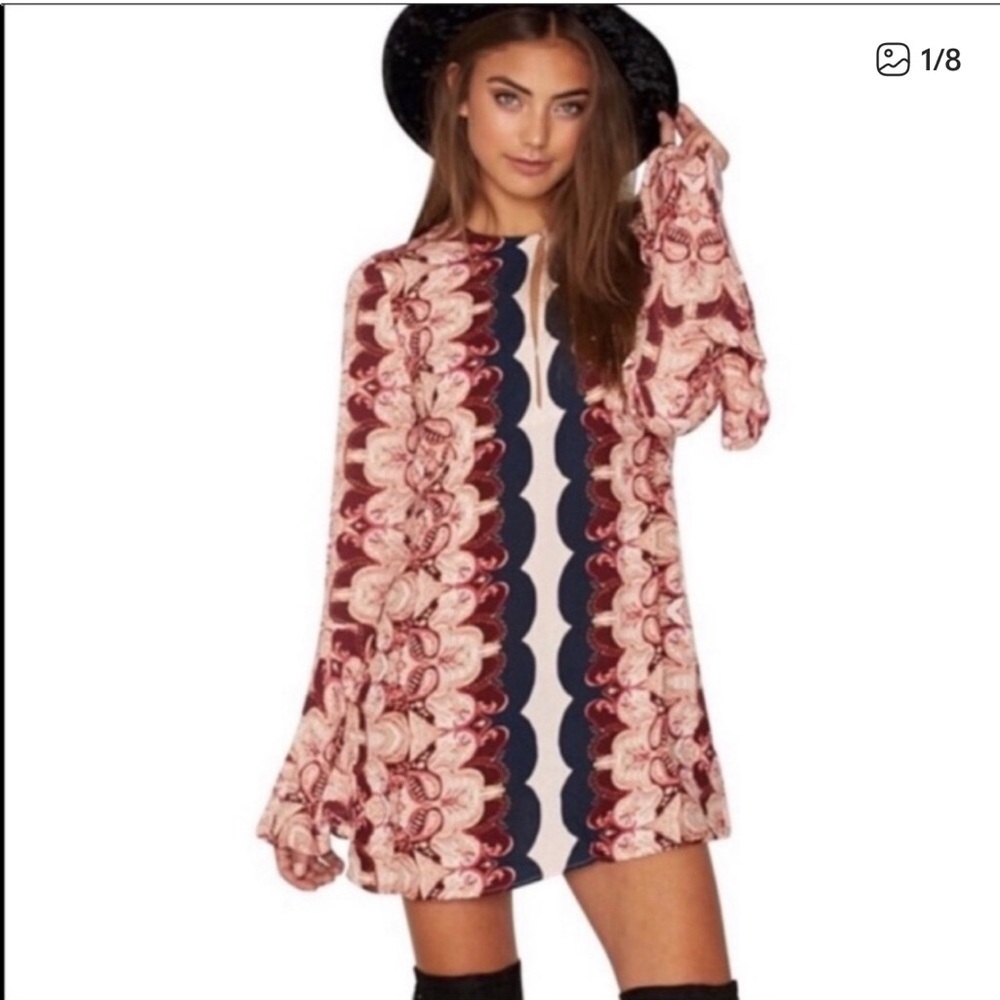 FREE PEOPLE Vibes Paisley Bell Sleeve Mini Dress Tunic Size 2 - Picture 2 of 16
